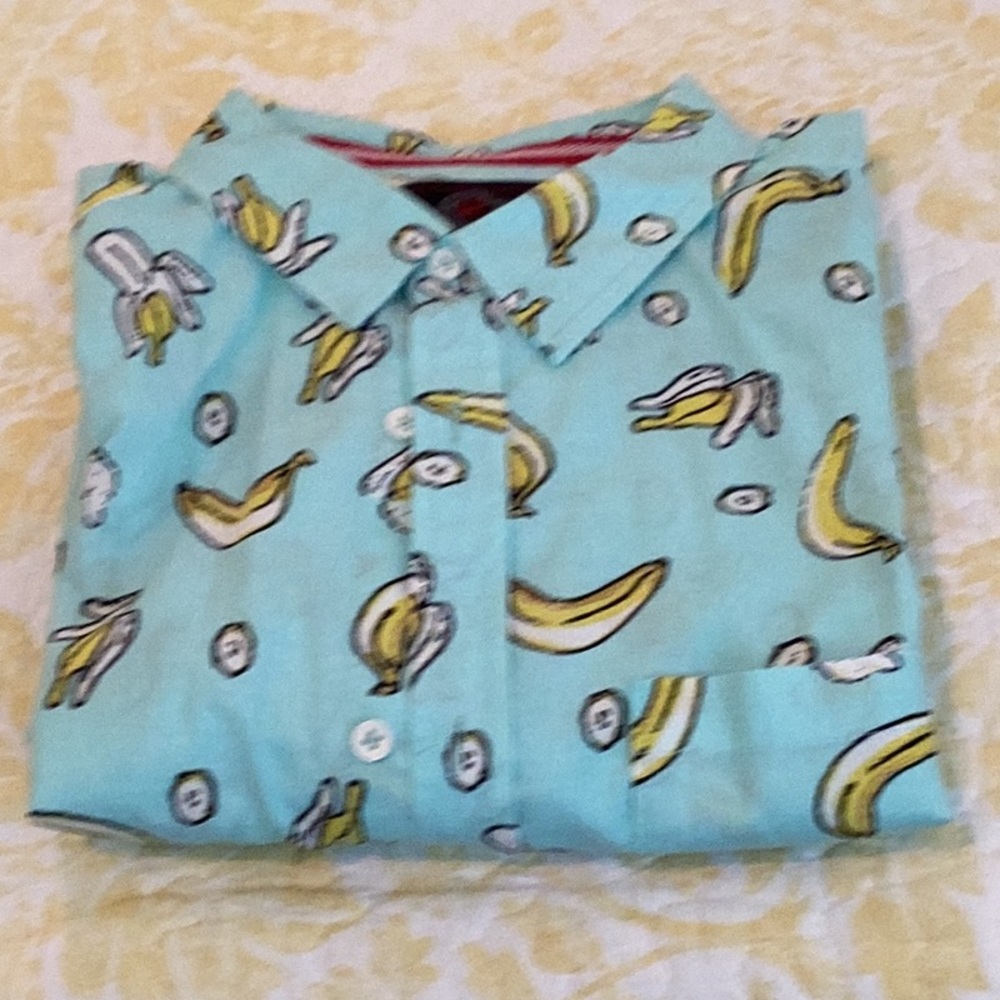 Revolution Men’s Light Blue Button-Down Shirt with Yellow Banana Print